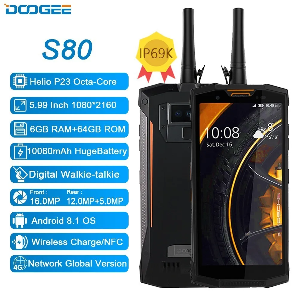 Doogee S80 IP68 Водонепроницаемый телефон 5,9" Helio P23 Восьмиядерный Android 8,1 6 ГБ+ 64 ГБ 16MP 10080 мАч цифровая рация смартфон