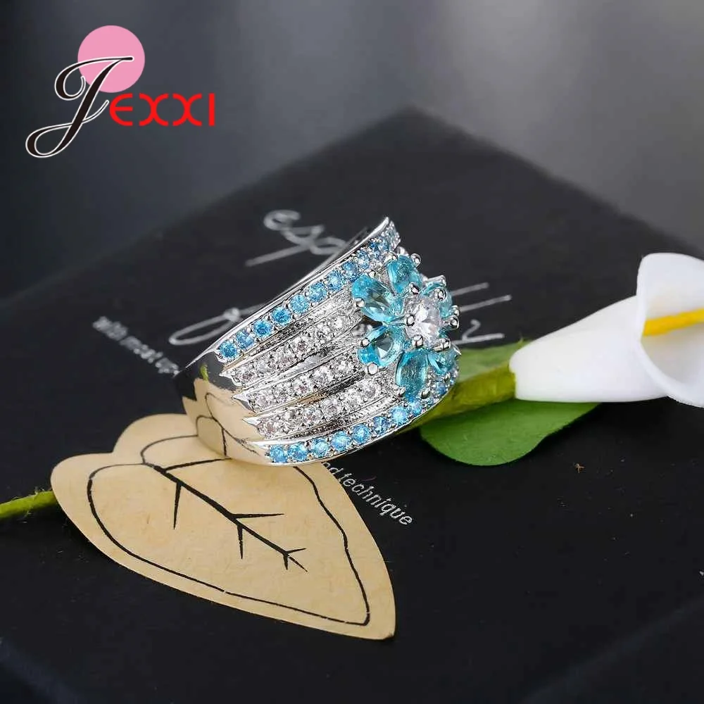 

Big Wide 925 Sterling Silver Ring Fashion Hollow Flower Crystal Bague with Shiny Blue CZ Zircon Romantic Anel for Female