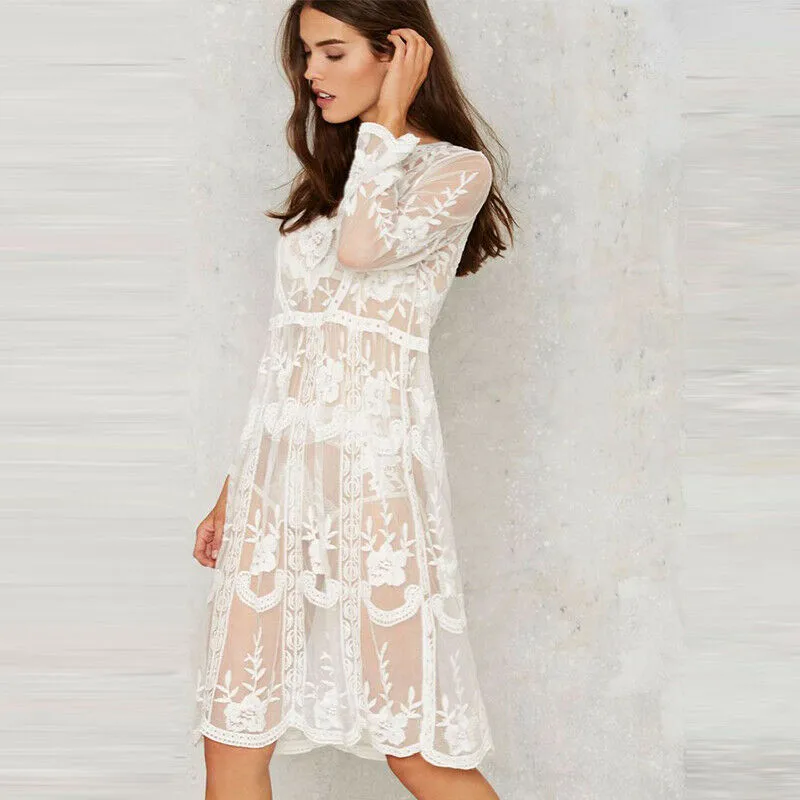Lace White Dress Women Long Sleeve Transparent Summer 2019 Loose Midi Sexy V-Neck Beach Tunic In Cover-ups BS289 | Женская одежда