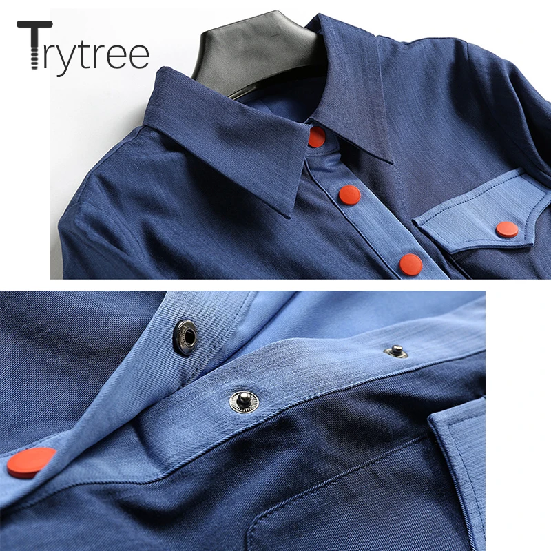 Trytree/весенне летнее платье повседневное ТРАПЕЦИЕВИДНОЕ женское синее однотонное