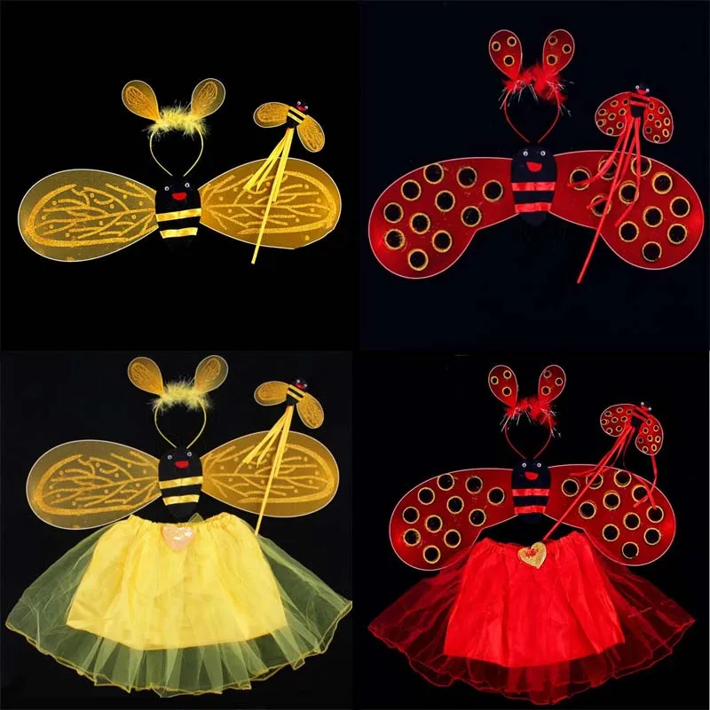 Kids Girls Bee Ladybug Headband Wing Fairy Wands Skirt Set Stage Performance Costume Cosplay Props Party Dress Decor Halloween |