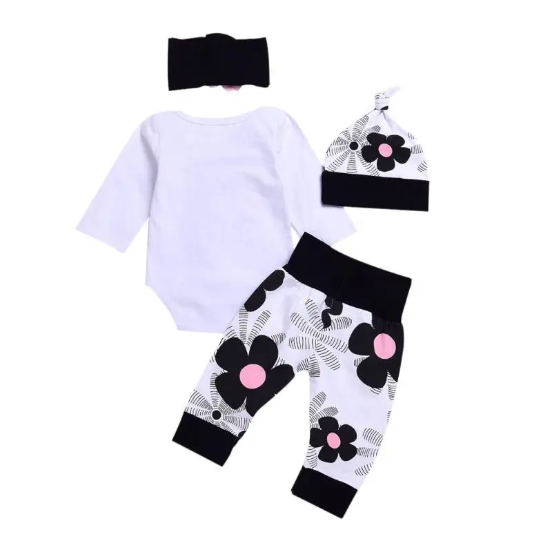 4PCS/Set Newborn Baby Girl Clothes Suit Long Sleeve Cotton Romper Tops+Floral Pant Headband Outfit Toddler Kids Clothing Hot|Комплекты