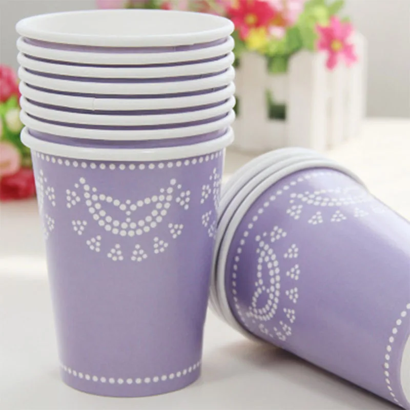 purple cups 12 шт., бумажные тарелки с кружевными Пастельными цветами, розовые, синие, фиолетовые бумажные тарелки, чашки, полотенца для свадьбы, дня рождения, вечеринки, принадлежности для детского душа - Цвет: purple cups