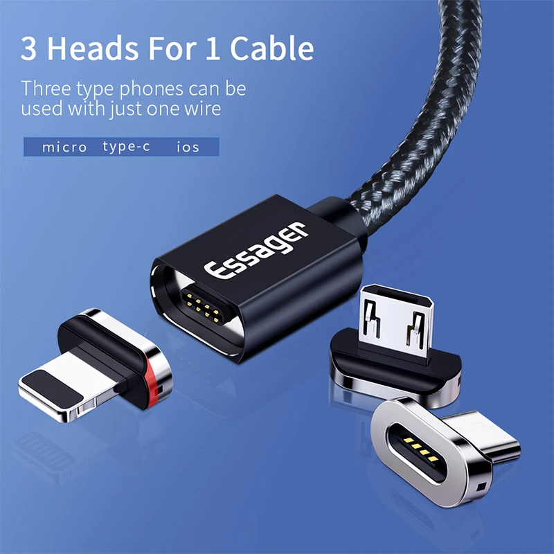 Кабель Essager для быстрой зарядки USB Type A C/Micro USB/Lightning 3A магнитный в нейлоновой