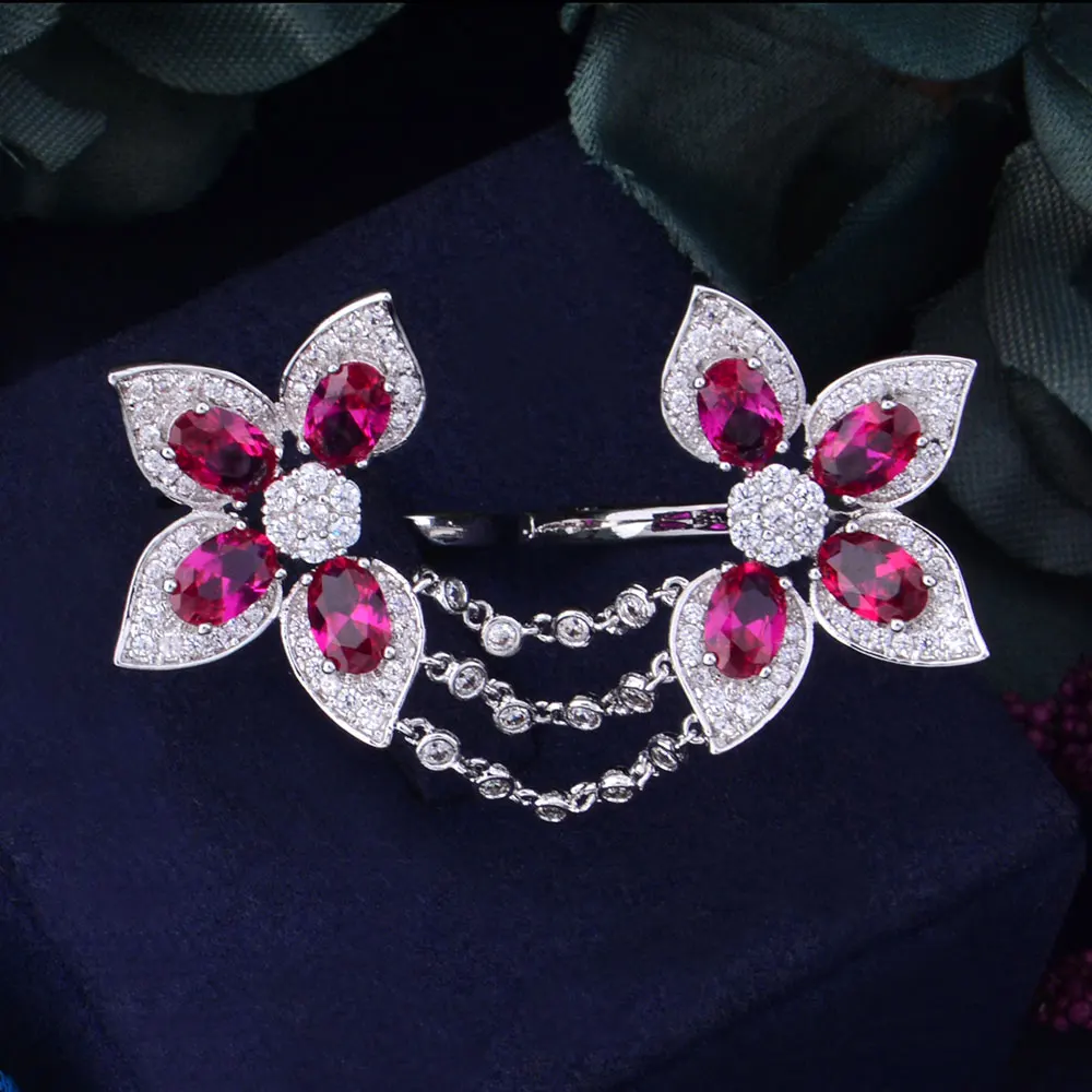 Hot Pink GODKI уникальный Monaco Дизайнер роскошный цветок листьев кубического Zironia Обручение Дубай Naija Свадебные двойное кольцо ювелирных палец наркомании - Цвет основного камня: Hot Pink