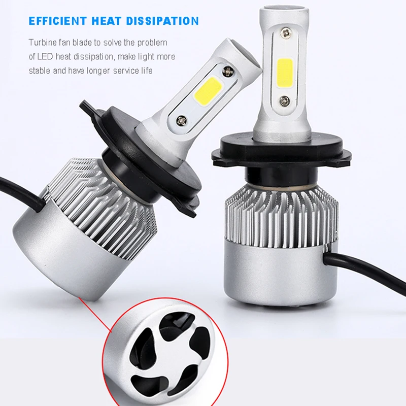 2 шт. S2 H4 H7 H11 H1 Автомобильные светодиодные фары 72 Вт LED 9005 9006 H3 9012 H13 5202 COB 6500K 12В 24В