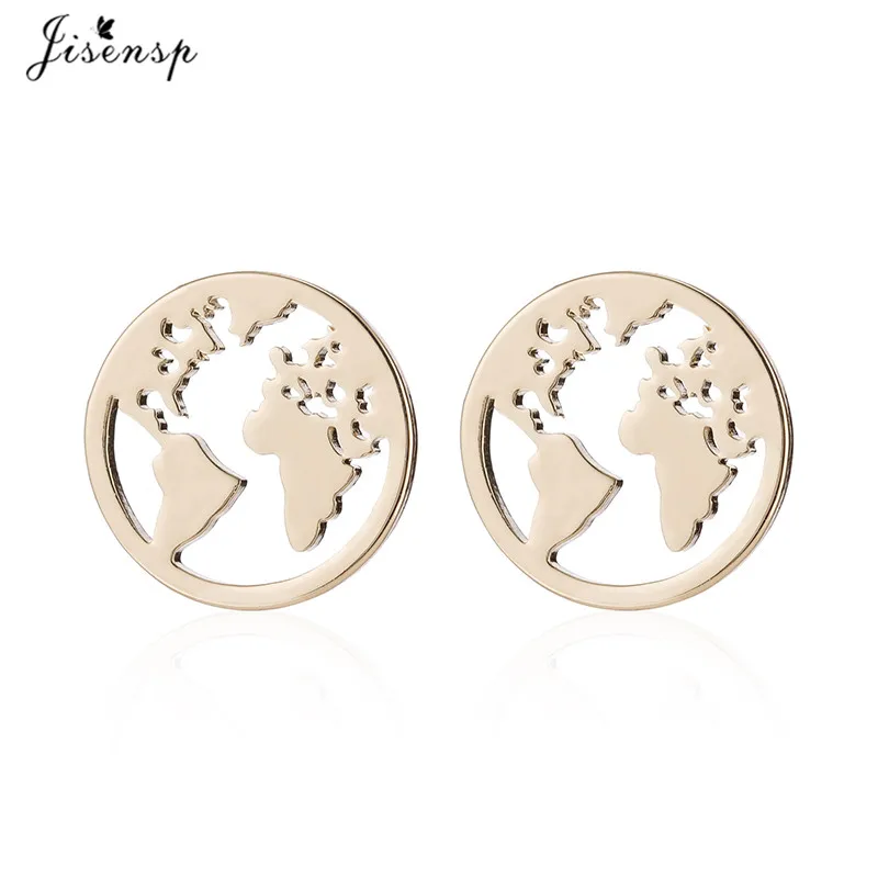 gold earrings Jisensp, серьги-гвоздики из нержавеющей стали, Карта мира, для женщин, подарок для путешествий, винтажный глобетроттер, земля, ручная работа, ювелирные изделия oorbellen - Окраска металла: gold earrings