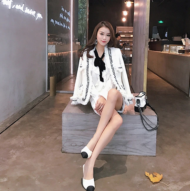 Весна и осень Новый Белый твидовый Жакет женский 2019 темперамент ручной работы