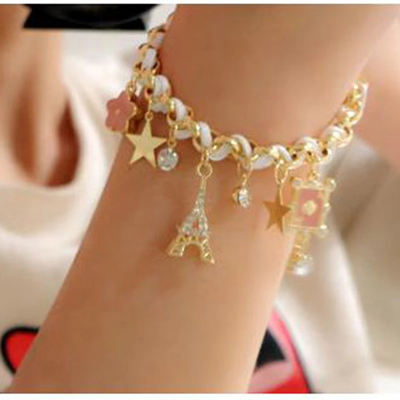 Корейский стиль Мода цветок покер с сердцем кожаная веревка Париж Эйфелева башня