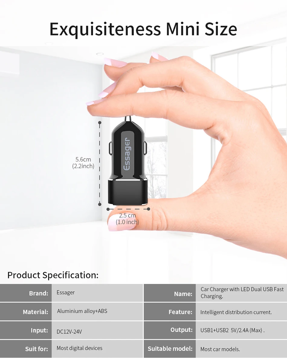 Автомобильное зарядное устройство Essager с двумя usb-портами для iPhone, samsung, Xiaomi Mi, huawei, автомобильное зарядное устройство для мобильного телефона, быстрое автомобильное USB зарядное устройство