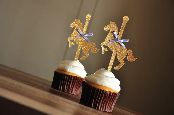 

glitter riboon Carousel horse Gold Cupcake Toppers magic Party Decor. picks Birthday wedding bridal baby shower