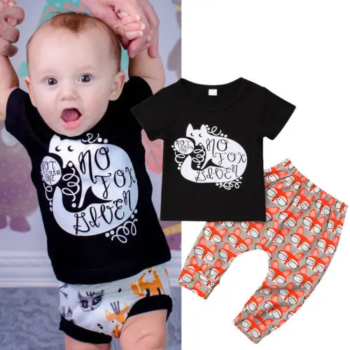 2018 New Newborn Orange Fox 2Pcs Cute Bbay Boys Black Short Sleeve T-shirt Top+Long Pants Toddler Cotton Outfit Clothes Set |