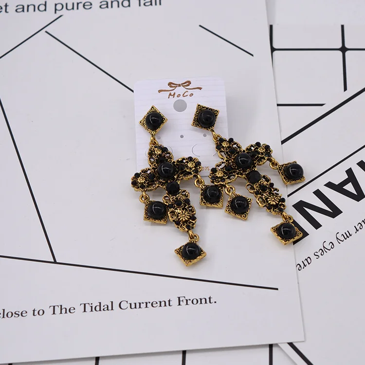 New Arrival Baroque Crystal Black Pearl Flower Big cross Long Earrings Bridal Vintage For Women Jewelry Wedding Brinco | Украшения и
