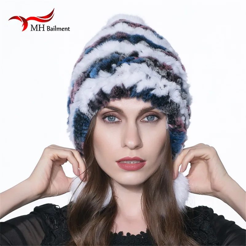Новинка Шапка бини Для женщин трикотажные из натуральной шапка меха кролика рекс