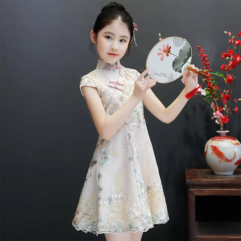 Oriental girls costumes for children party dress kids chinese qipao lace flower a-line Mandarin collar stage clothes | Детская одежда и