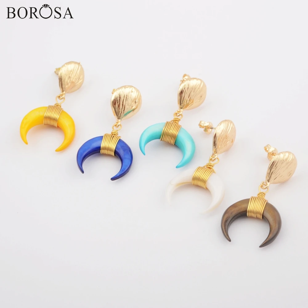BOROSA 5/10 пар Модный рожок позолоченная проволока обертывание Радужное Покрытие Висячие серьги ювелирные изделия натуральные сережки в виде ракушек ювелирные изделия для женщин G1827