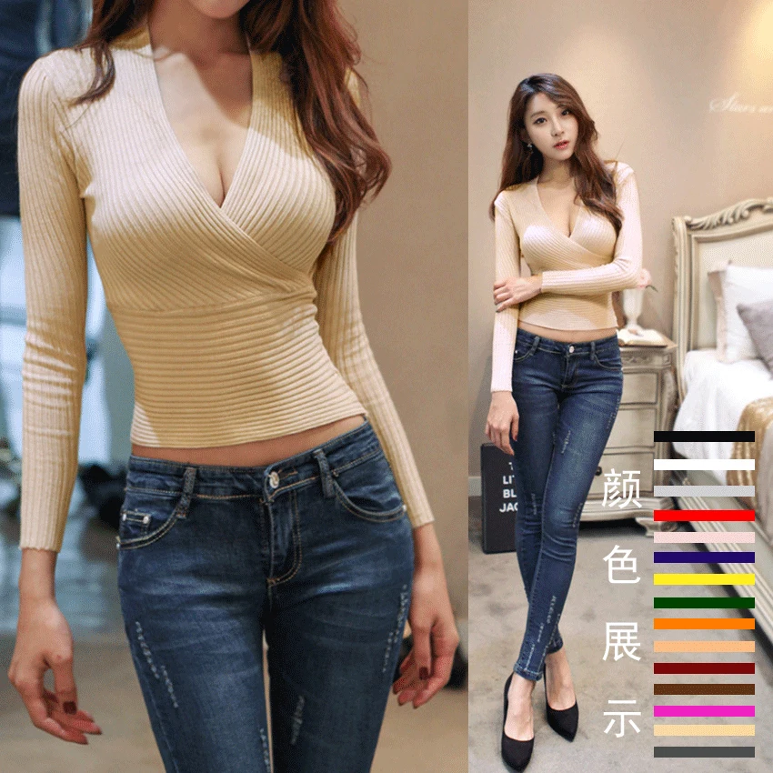 

Women Sweater Knitting Pullover Top 2019 Spring Autumn Female Elastic Slim Solid Sexy Deep V-neck Low Cut Knitted Shirts YF134