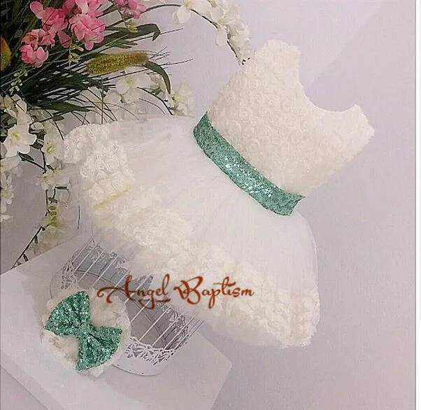 Ivory cute flower girl dress for wedding lace tulle ball gown knee-length baby 1st birthday party outfits with green sequins bow | Детская