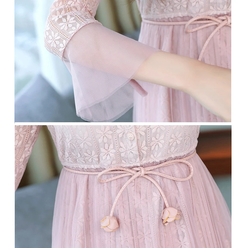 Розовое Кружевное платье Винтаж вязаный крючком милое женское высокое ожидание