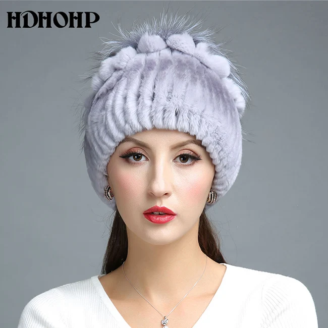 HDHOHR Новинка года зима Настоящее меховая шапка Для женщин из натурального кроличьего меха шапка с Серебряными Лисий Мех вязаные шапочки модные женские туфли меховые шапки - Цвет: Лаванда