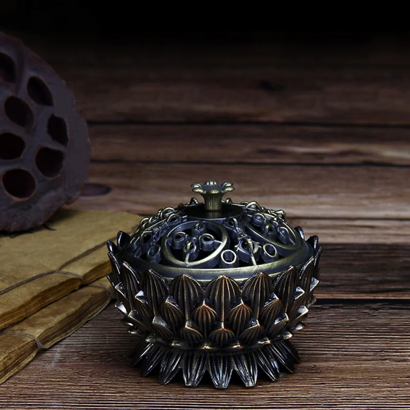 Alloy Buddhist Lotus Shaped Censer Mini Sandalwood Censer Zinc-copper Incense Burner Brass Home Office Decor Incense Holder