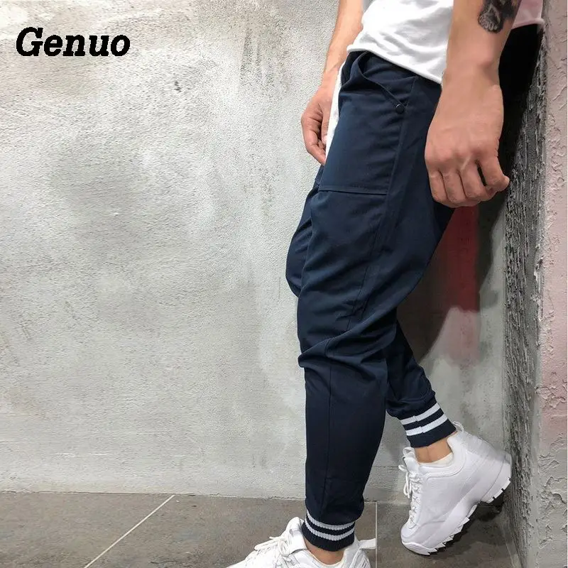 

Genuo Men Pants Streetwear Autumn Slim Solid Color Pocket Decoration Trousers Men Casual Jogger Sweatpants
