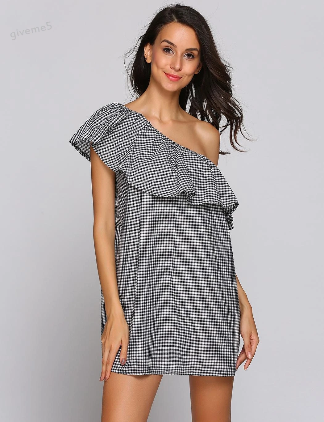 Для женщин мода плед свободные короткий рукав оборками одно плечо Повседневное