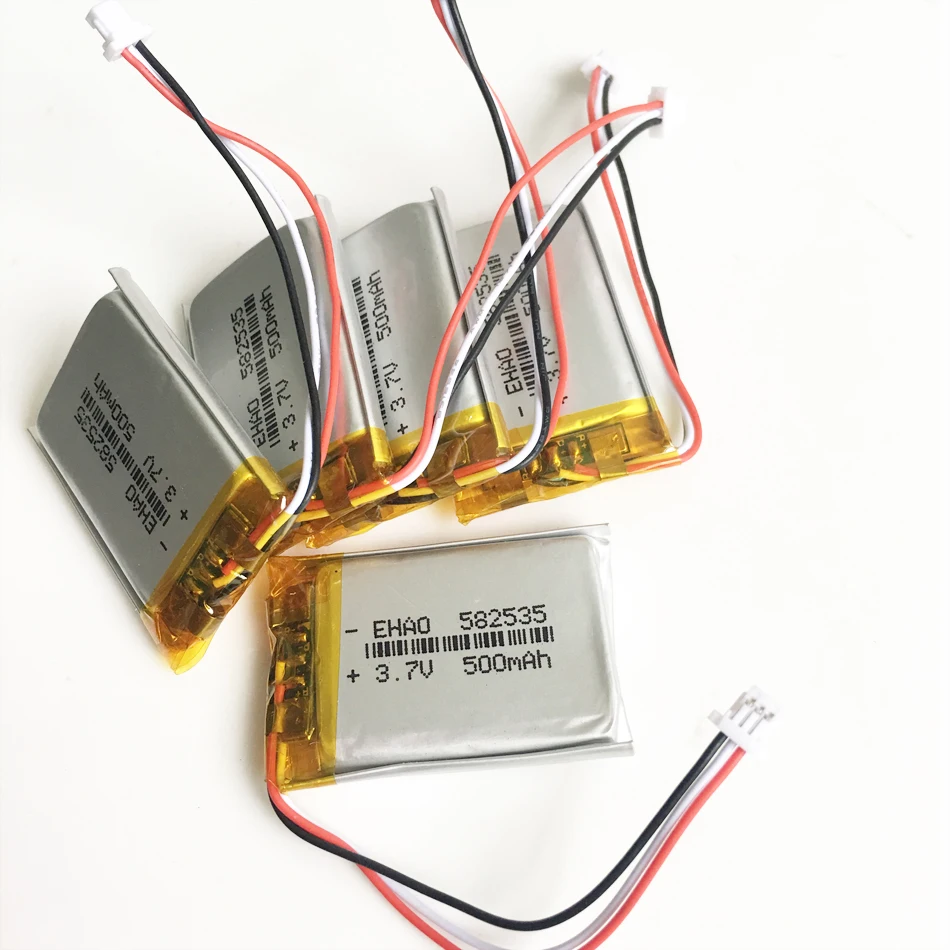 

5 pcs 3.7V 500mAh lipo polymer lithium rechargeable battery JST 1.0mm 3Pin 582535 for MP3 GPS DVD bluetooth recorder camera