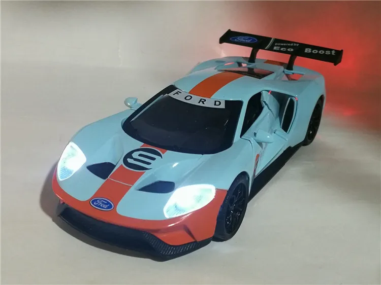 Высокая модель Ford GT, модель автомобиля из 1:32 сплава, 3 открытые двери, игрушечный звуковой светильник