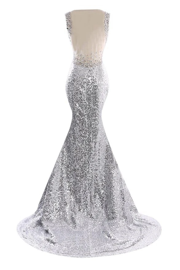 Sparkly Sequined Silver Mermaid Prom Dresses Vestido De Festa Sexy See-Through Back Side Split Court Train Formal Party Gowns | Свадьбы и