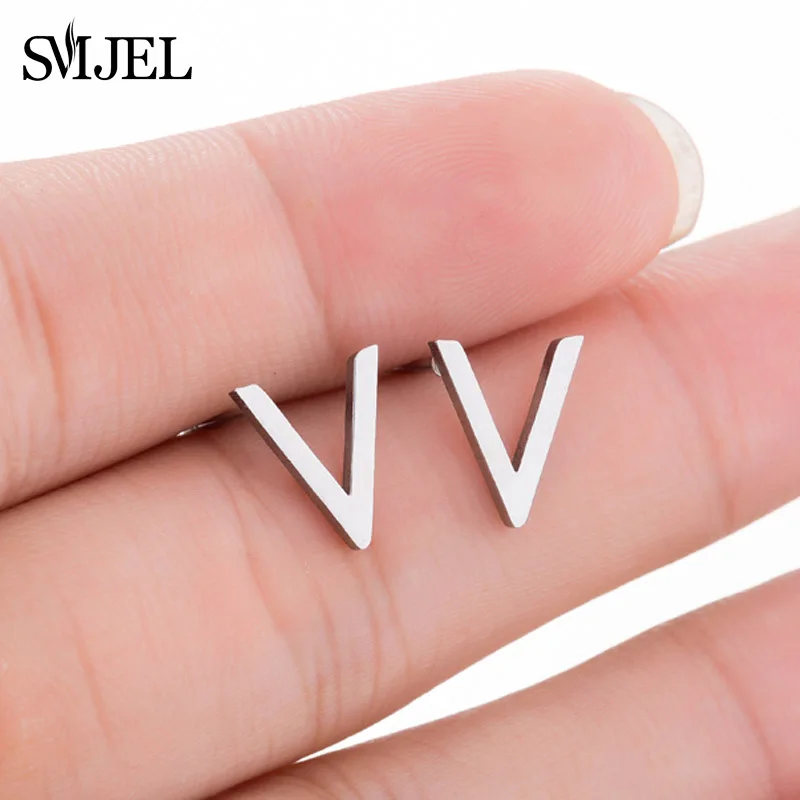 v shape SMJEL крошечные серьги-гвоздики из нержавеющей стали в виде листьев дерева жизни для женщин, модная Цветочная бижутерия, черные серьги - Окраска металла: v shape