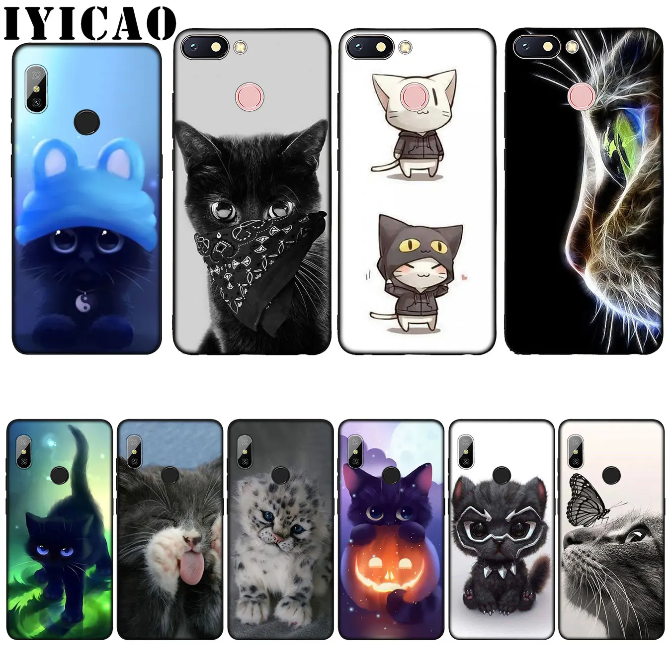 IYICAO Cat Silicone Soft Case for Xiaomi Redmi 6A 5A Note 7 4 4X 5 Plus 6 Pro Black TPU Cover |