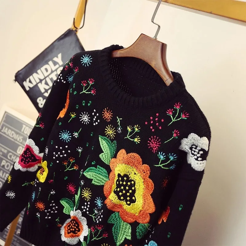 Женский вязаный свитер Повседневный пуловер с длинным рукавом и цветочной