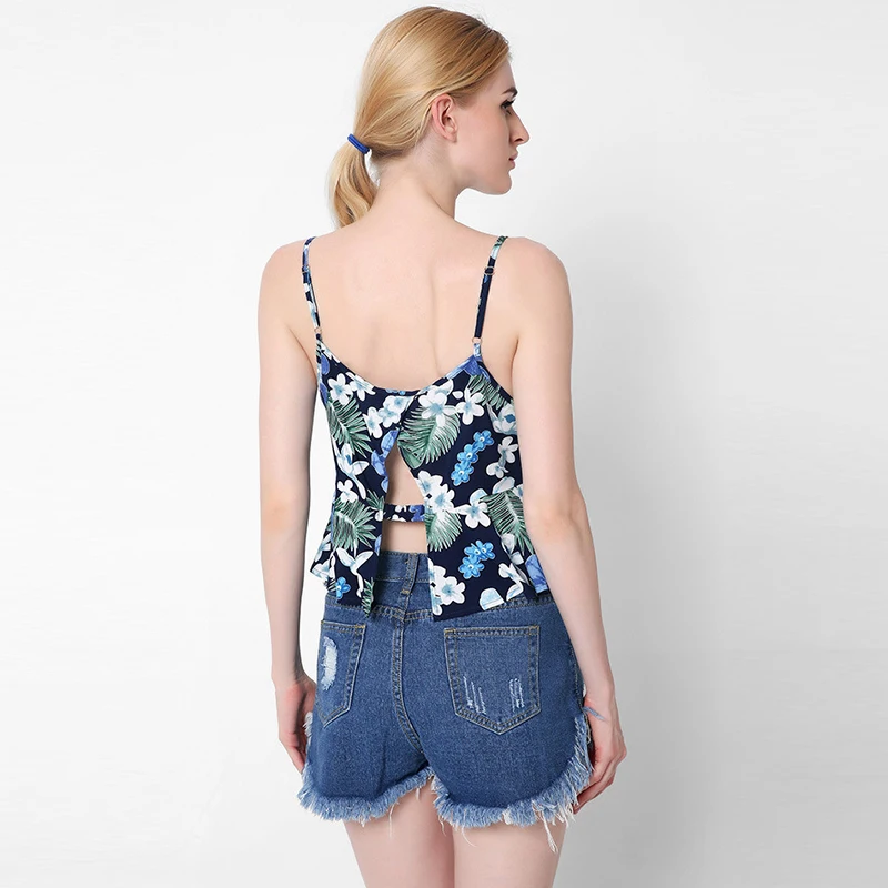 MaxNico Летние Женщины Топы Цветочный Принт Майки Кружева Оборками Ремень Sexy Спинки