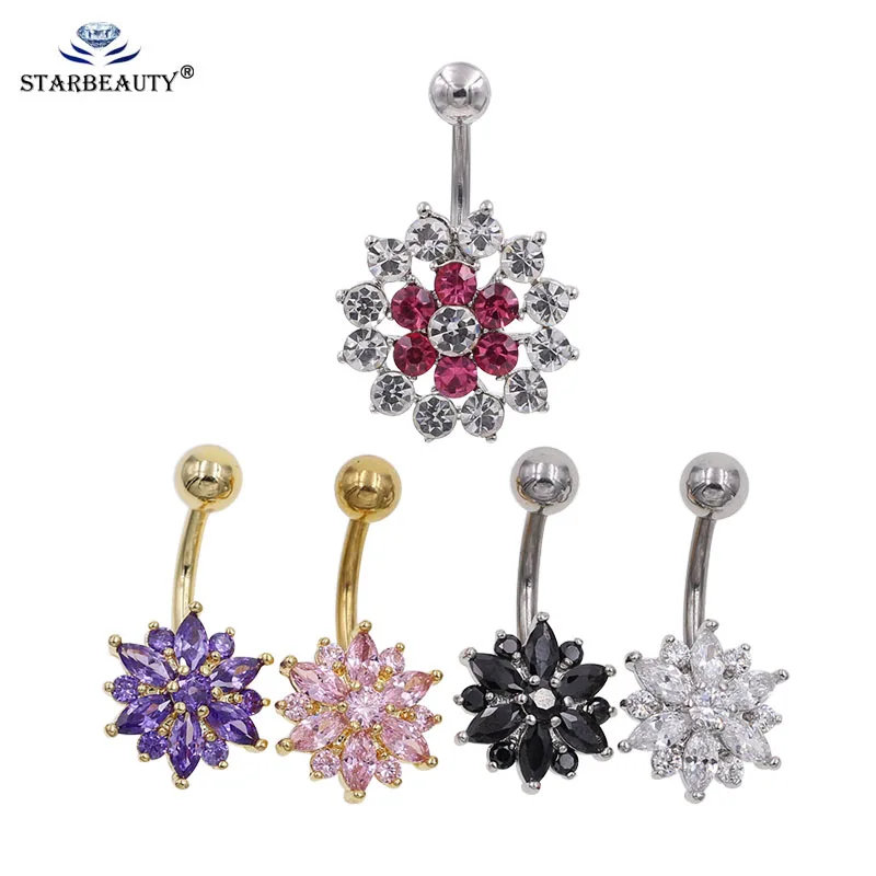 Starbeauty 1 шт. Снежинка из нержавеющей стали Хрустальный цветок пупка Золотое кольцо