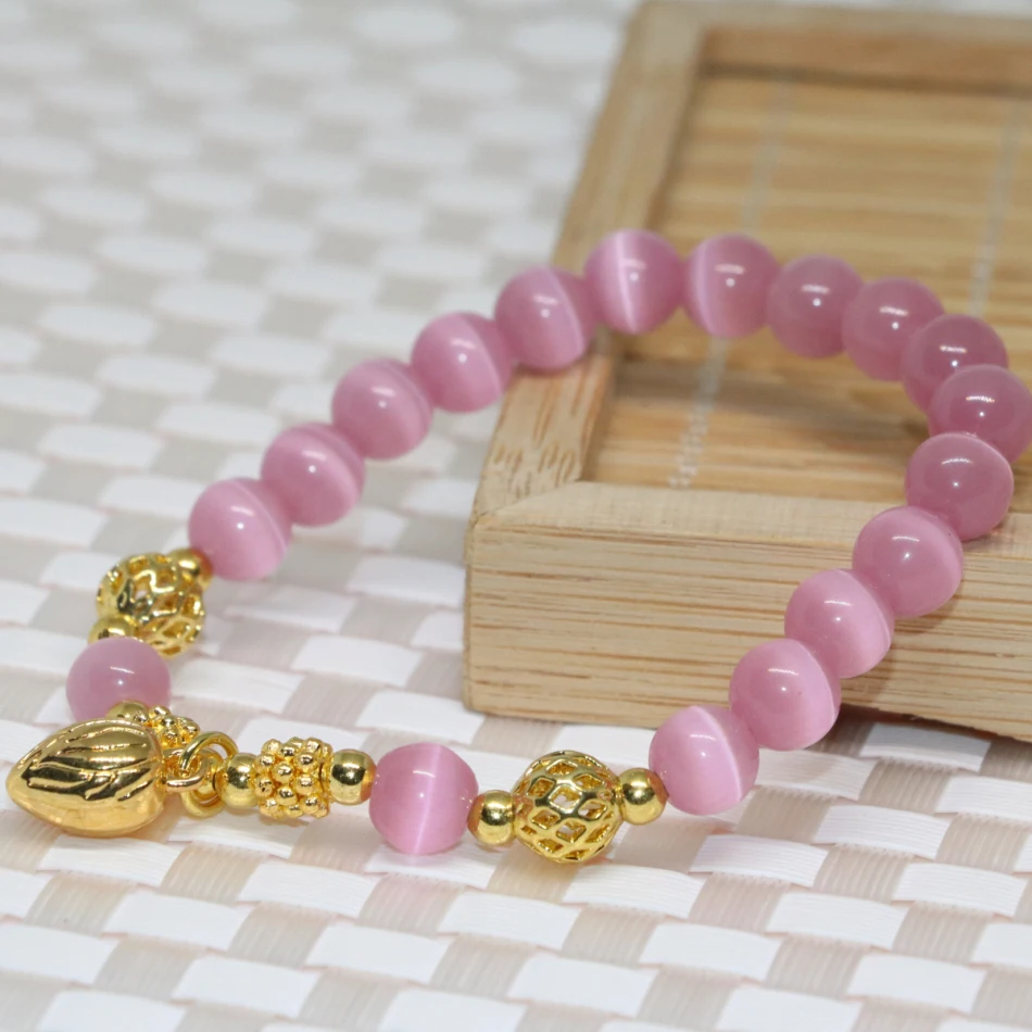 Уникальный дизайн розовый &quotкошачий глаз&quot из опала 8 мм круглые бусины браслет