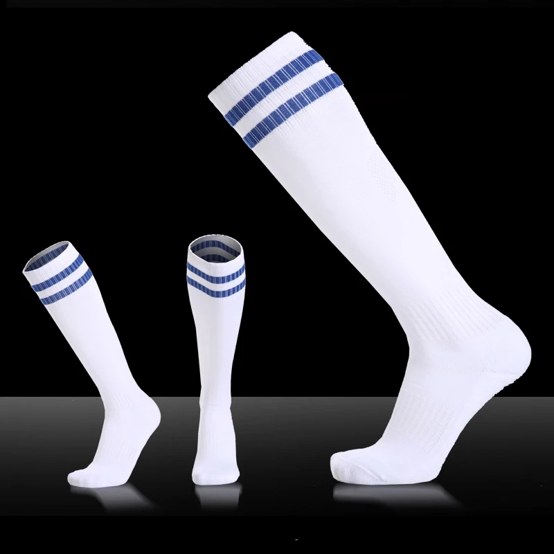 white blue socks Высокое качество, футбол, футбольный носок, мужские, детские, для мальчиков, спортивные, длинные, махровые носки, баскетбольные, medias de futbol, для велоспорта, плотные, Нескользящие - Цвет: white blue socks
