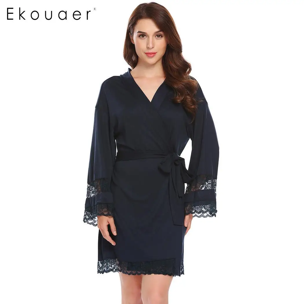 Coral Red Ekouaer, женское кимоно, халаты, одежда для сна, длинный рукав, кружевная отделка, короткий спа-халат, халат для подружки невесты, женский халат, домашняя пижама - Цвет: Coral Red