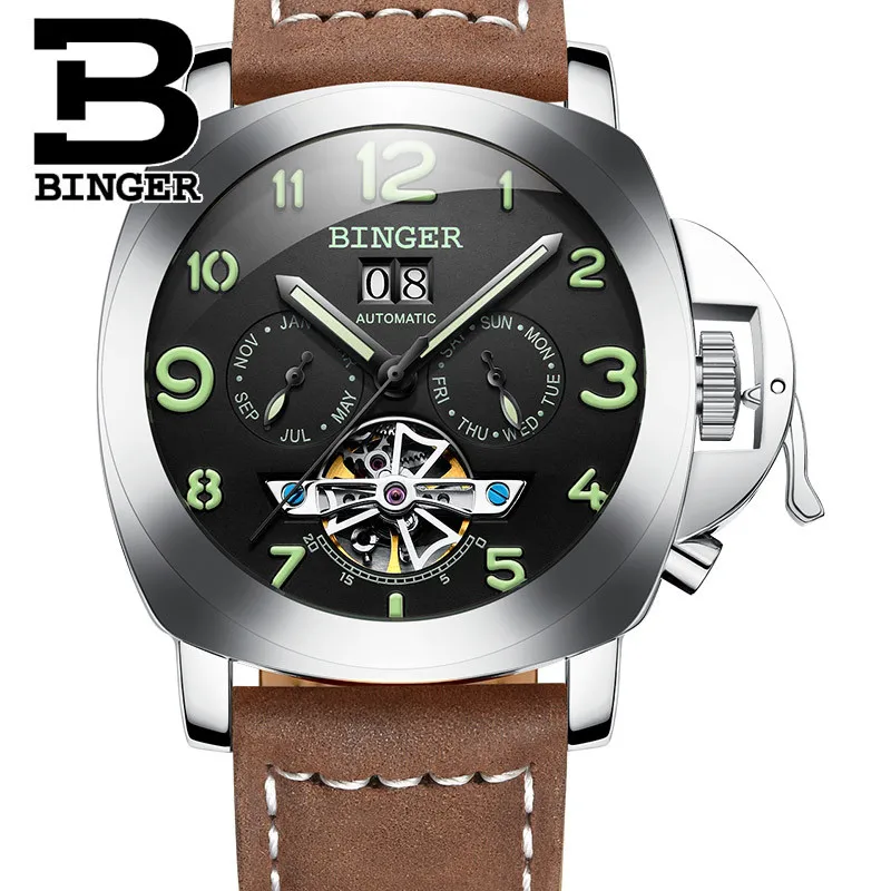 Швейцарские BINGER Мужские автоматические механические часы Tourbillon Роскошные модные брендовые мужские многофункциональные часы из натуральной кожи