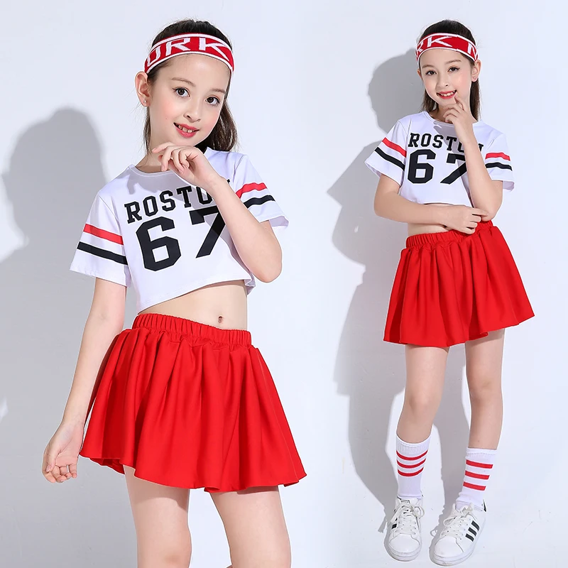 

Girl Stree Dance For Girl Hip Hop Costume Short-Sleeve White T-shirt Red Skirt Jazz Costume Cheerleading Cheerleader Dress Sock
