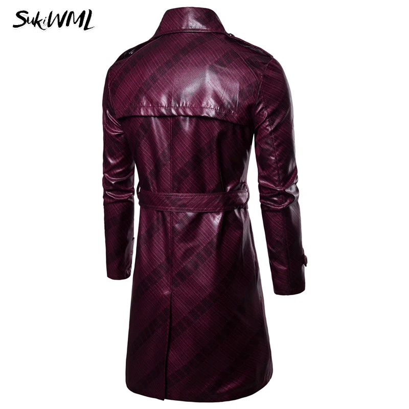SUKIMWL Тренч Homme 2018 новый модный мужской длинный плащ из искусственной кожи Осенняя