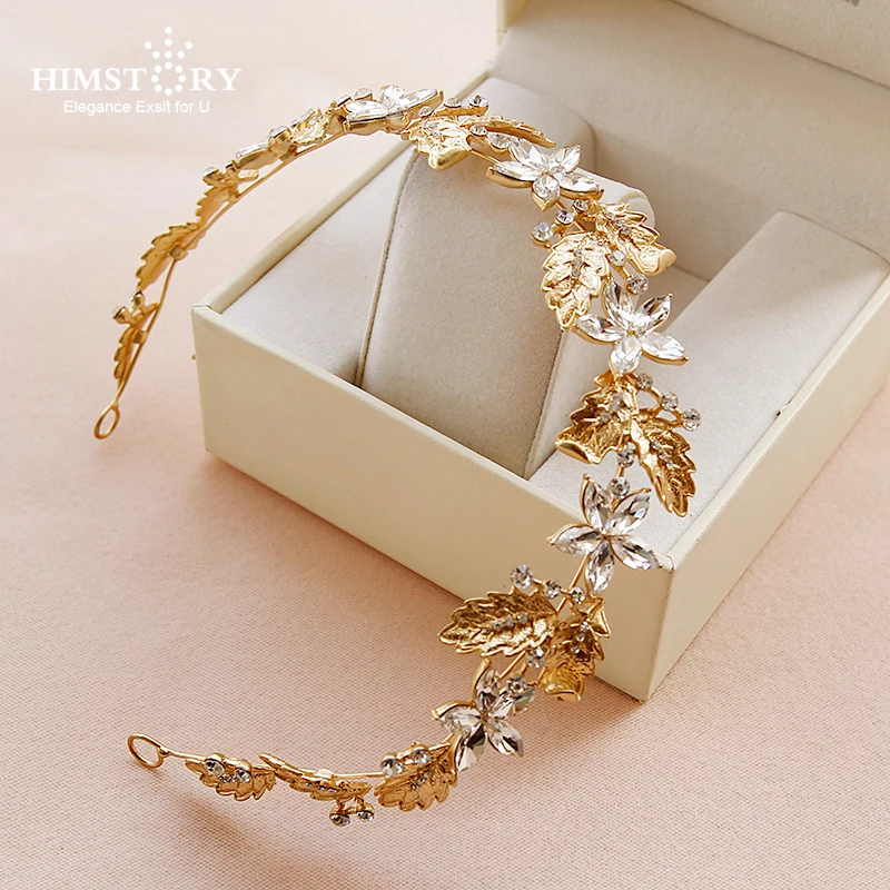 

Himstory Fashion Wedding Hair Accessories European Gold Leaves Brides Hairbands Soft Bridal Crystal Tiara Hair Jewelry