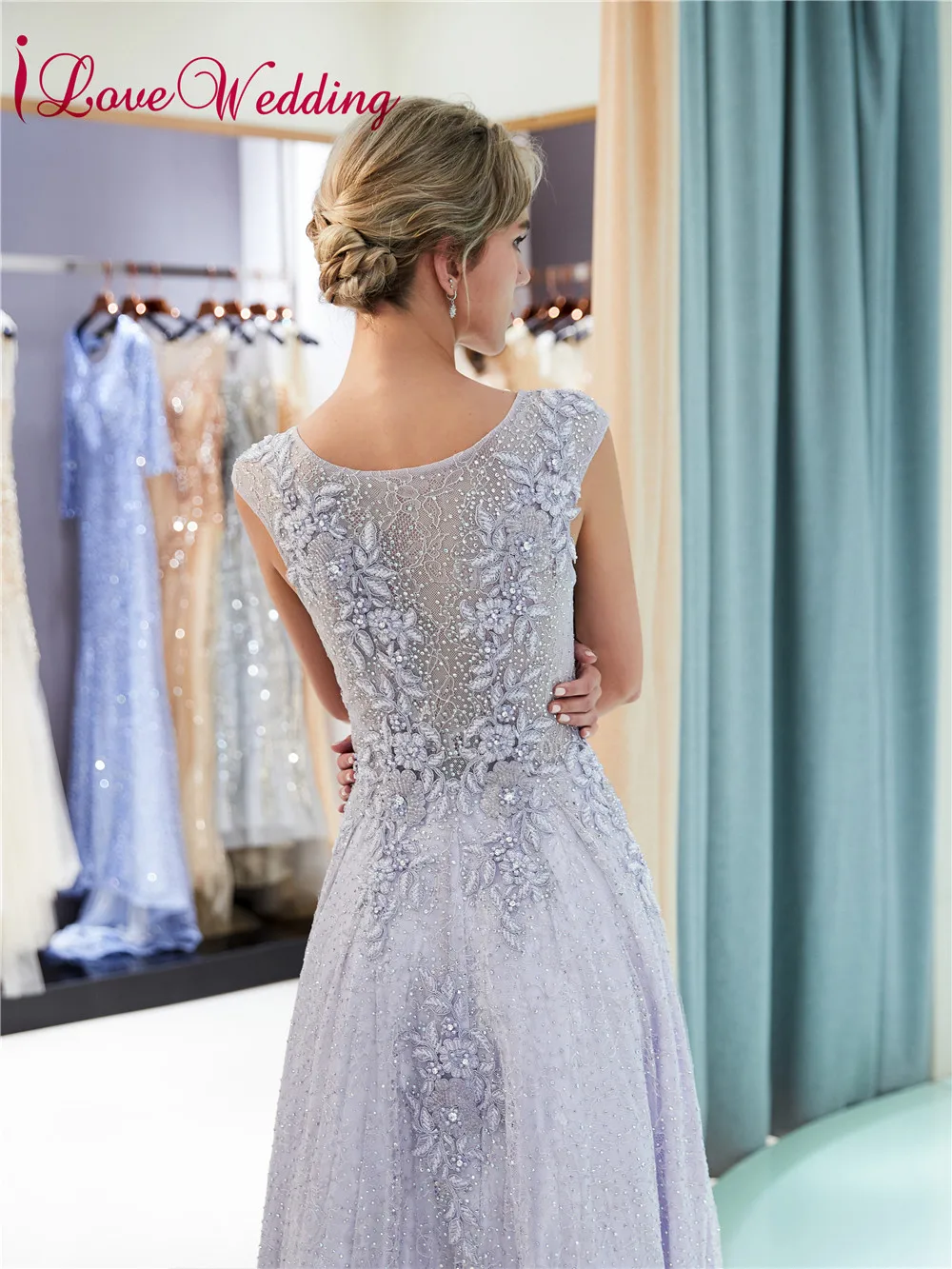 ILoveWedding Robe de soiree 2018 вечернее платье сиреневое кружевное с аппликацией из бисера