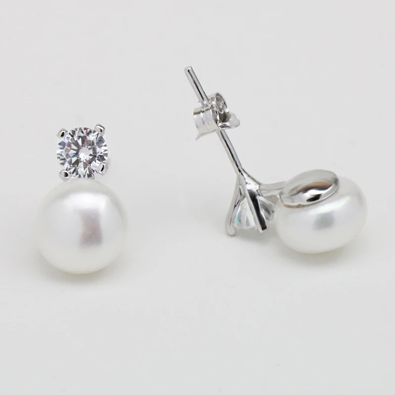 CZ горный хрусталь реального Серьги с жемчугом круглая кнопка белый из