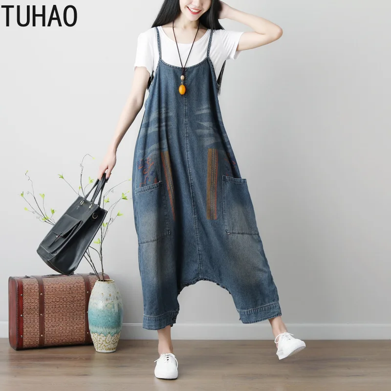 

TUHAO Plus Size Women Wide Leg Loose Ripped Denim Overalls CASUAL Vintage Jumpsuit Boyfriend Pockets Jeans Romper Trousers