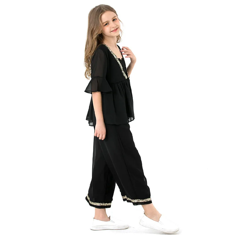 Летние комплекты для девочек 2019 черная шифоновая рубашка + широкие брюки