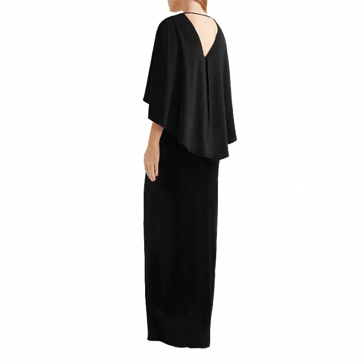 

2017 Spring New Arrival Women's Cape Sleeve V Neck Gown with Front Slit Elegant Dresses