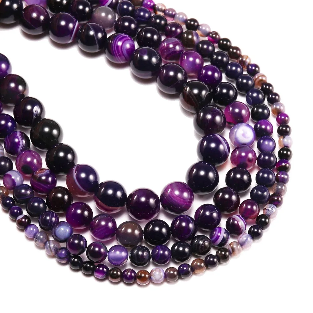 

1strand/lot Purple Natural Stones Spacer Loose Beads Stripe Onyx Agat Round Beads For DIY Bracelet Bulk Wholesale Jewelry Making