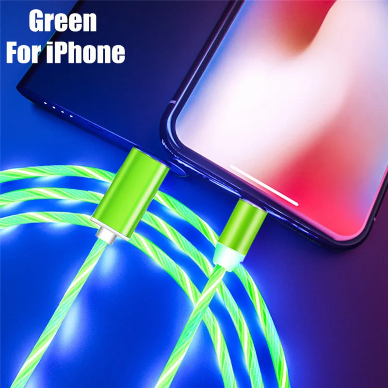 Green IOS Cable НИСИ светодиодный Micro USB Магнитный зарядный кабель для iPhone samsung Xiaomi huawei USB C TPE поток светящийся кабель быстрой зарядки - Цвет: Green IOS Cable