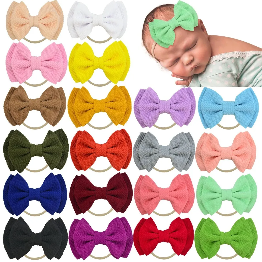 Set of 3, Baby Girls Fabric hair bow nylon headband, messy bow Schoolgirl Bow headbands baby shower gift